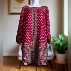 Loft diamond mozaic shift dress size S. Dark pink. Aztec Geometric Print. Boho.